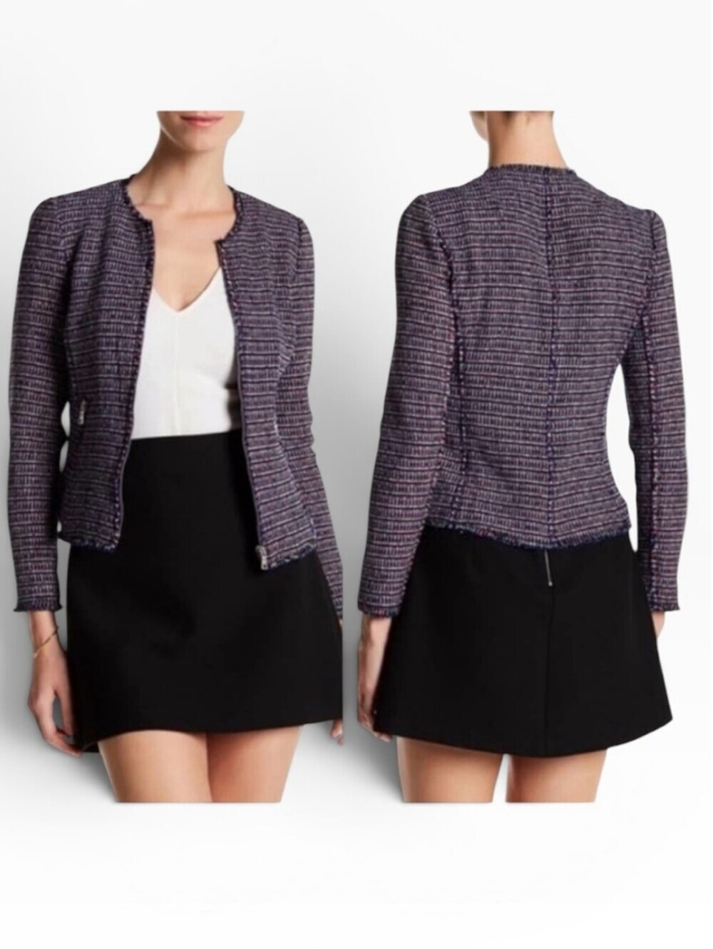 Rebecca Taylor Navy and Pink Tweed Zip-Front Blazer